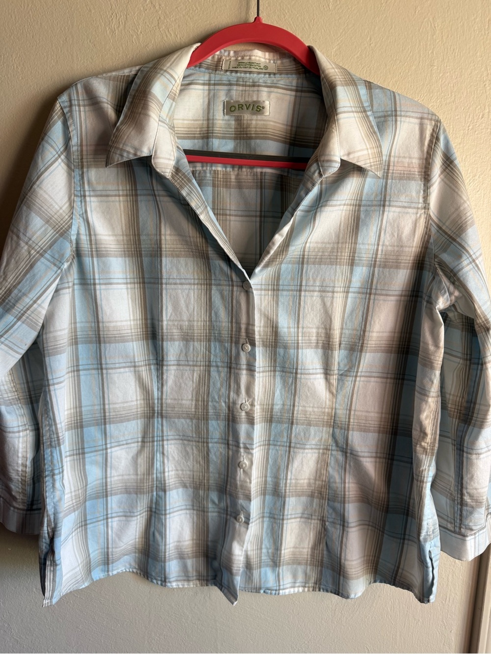 Orvis Blue and Tan Plaid Button-Front Shirt Size 16